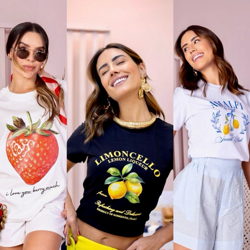 T-shirt feminina frutas limao abacaxi morango 100% algodão blusa camiseta