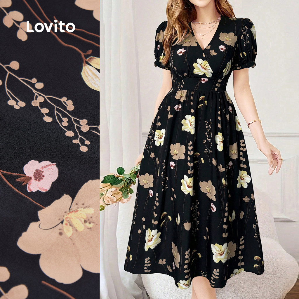 (NEW) Lovito Vestido Casual com Flores Estrutura Plissada Linha de Primavera/verão para Mulheres L155ED1932 em Oferta na Shopee