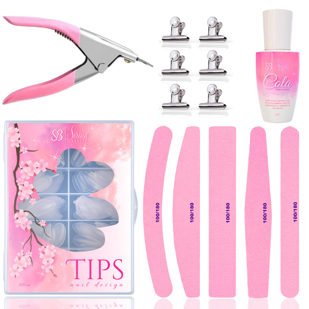 Kit Nail Design com Lixa, Caixa de Tips, Cola de Unha, Cortador e Presilhas em Oferta na Shopee