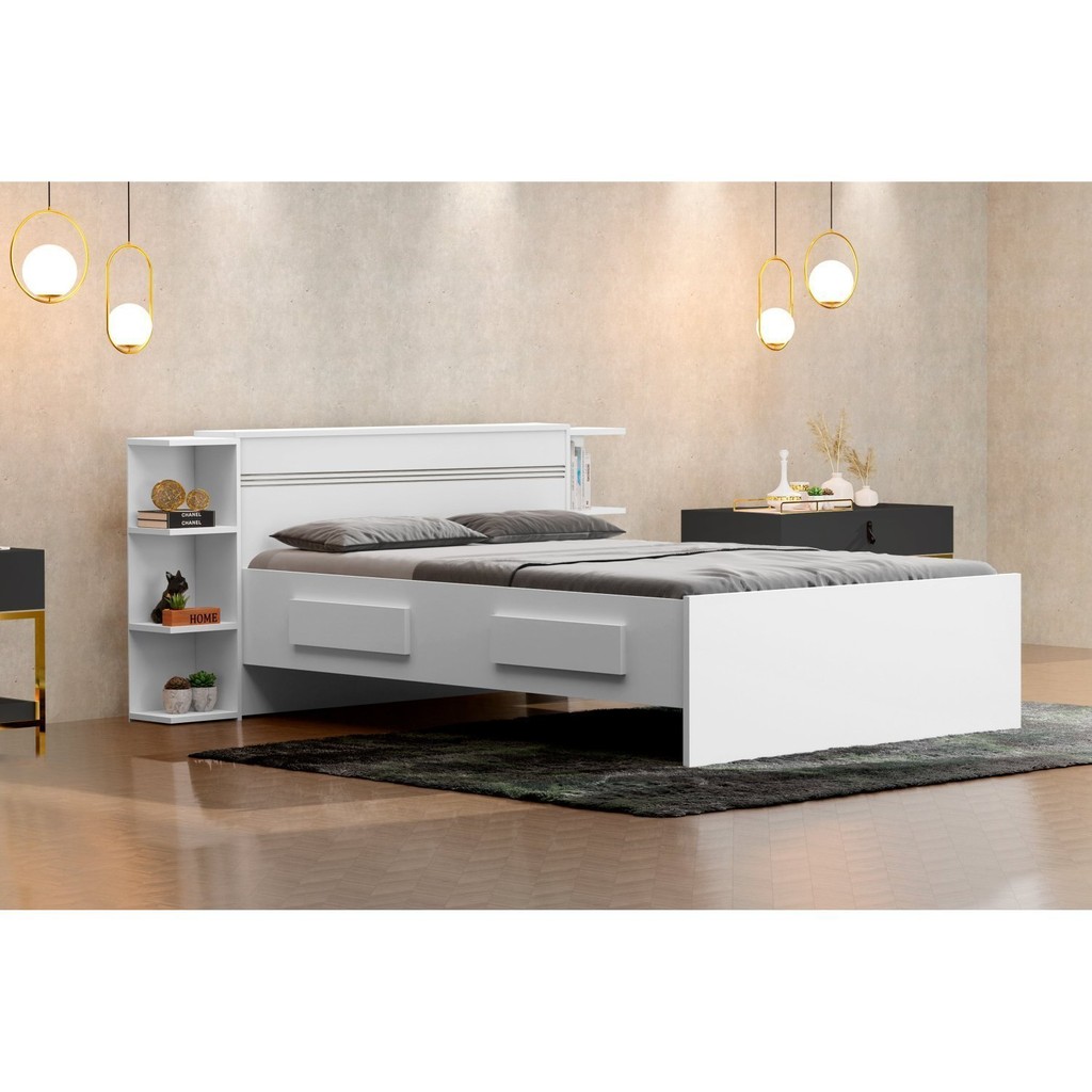 Cama Casal com Baú 4 Gavetas 6 Prateleiras Jade Yescasa Branco