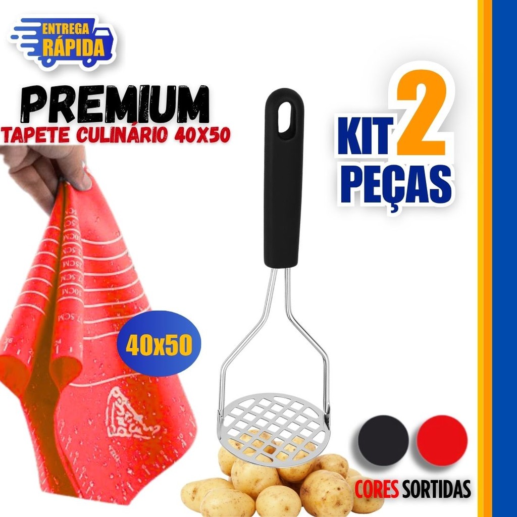 Kit 2/1 - Tapete 40x50 Culinário De Silicone Antiaderente Para Abrir Massas + Amassador Macetador Espremedor de Batatas
