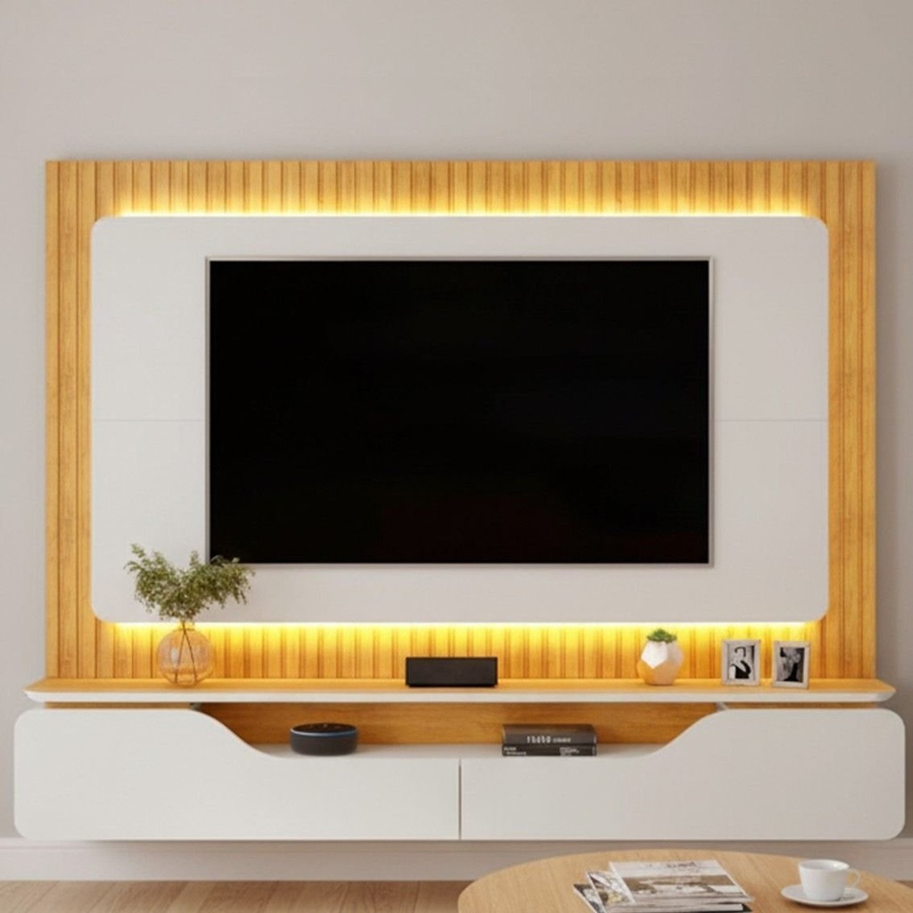 Estante e Home Theater Ripado para TV até 70 Polegadas com 100% MDF 210cmx180cm Led Treviso Cinza Bali/Cedro Bali/Cedro