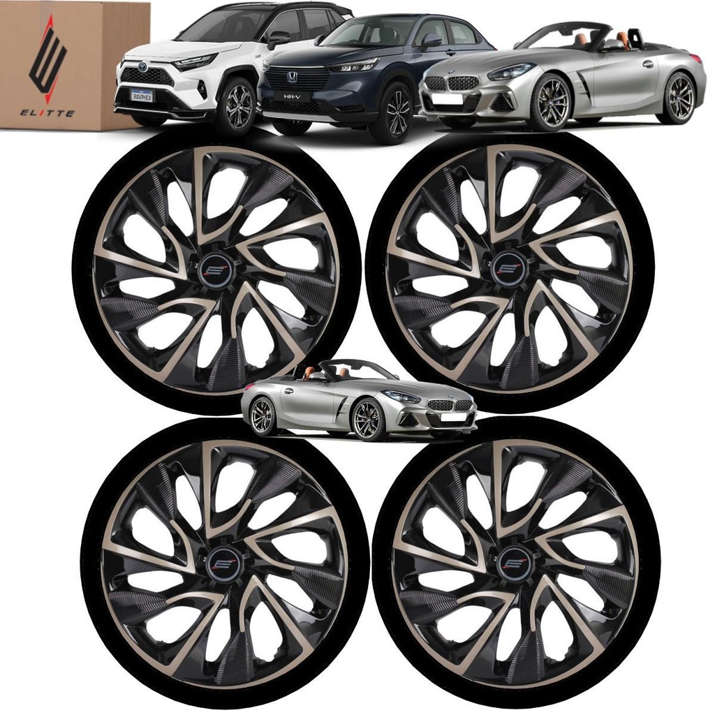Jogo 4 Calota Esportiva Modelo DS4 Aro 13 Polegadas Preto com Dourado Universal Elitte