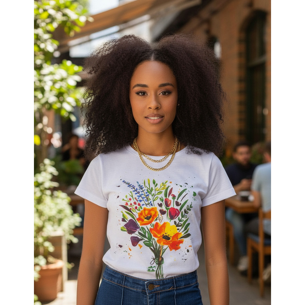Camiseta Feminina Buquê Floral Aquarela Algodão Sustentável T-Shirt Estampada Confortável Exclusiva