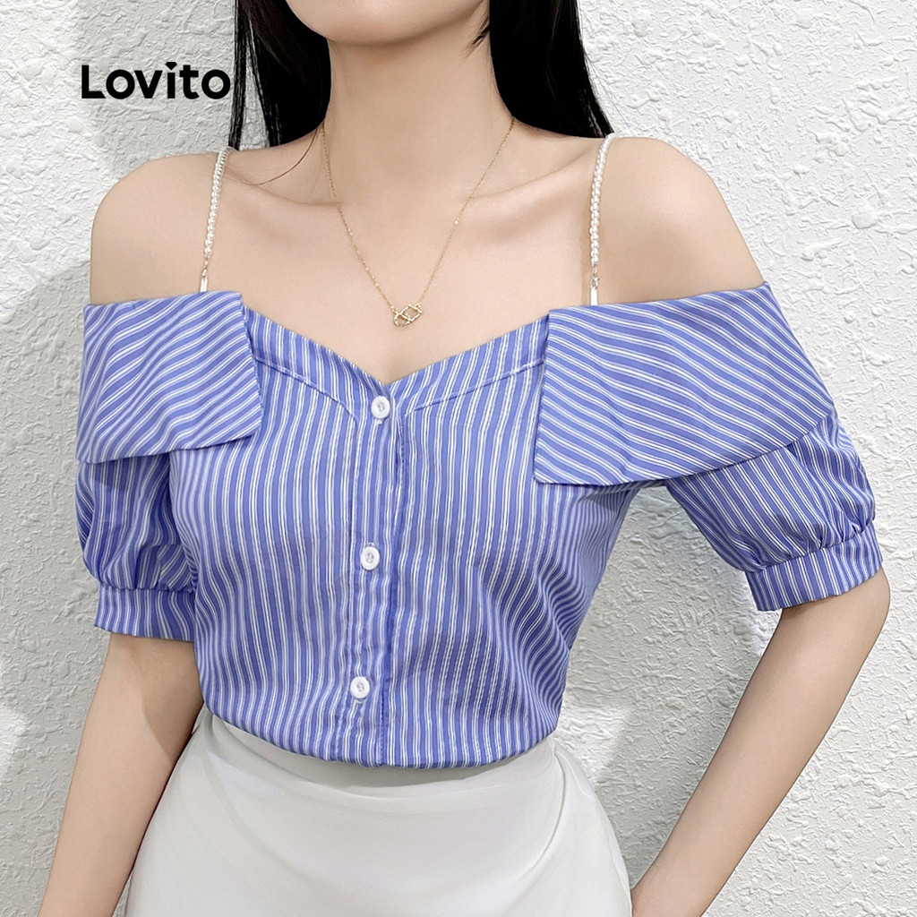 Lovito Blusa Casual Listrada Com Corrente De Pérola Colorblock Para Mulheres L132ED431 em Oferta na Shopee