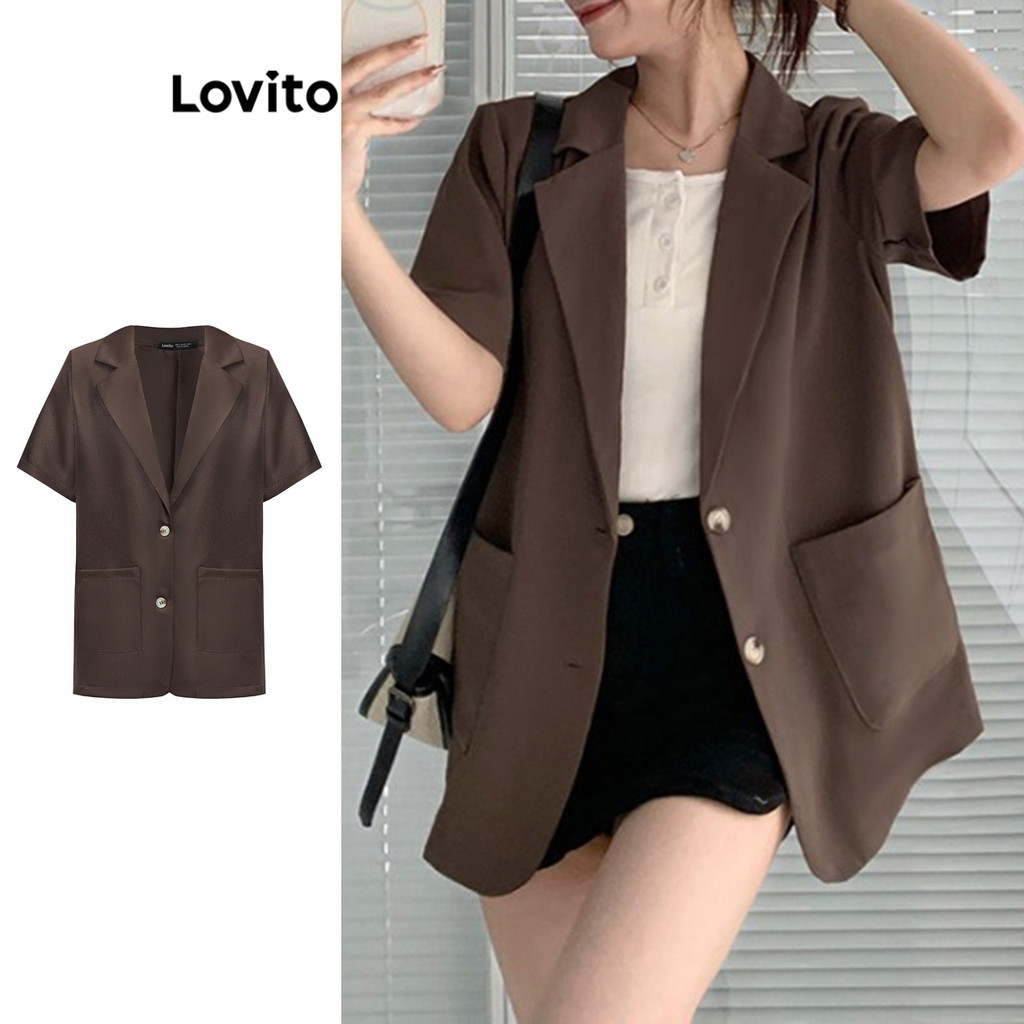 Lovito Blazer Casual Com Bolso Liso E Botão Frontal Para Mulheres LNA39045 (Café/damasco) em Oferta na Shopee