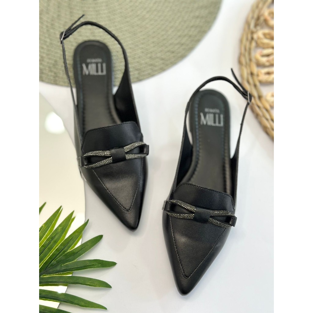Sapatilha Feminina Slingback Milli Bico Fino Com Strass Moderna Elegante