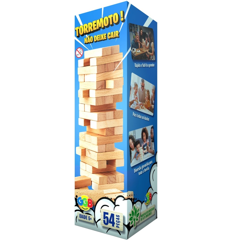 JOGO TORREMOTO 54 PEÇAS MADEIRA REFLORESTADA GGB TORRE BRINQUEDOS MONTAR BLOCO CAIU PERDEU DERRUBAR em Oferta na Shopee