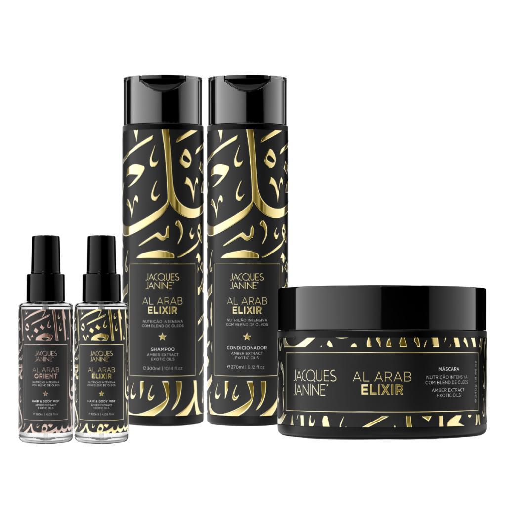 Kit Jacques Janine Al Arab Elixir Shampoo 300ml Condicionador 270ml Máscara 240g 2 Sprays Hair & Body 120ml