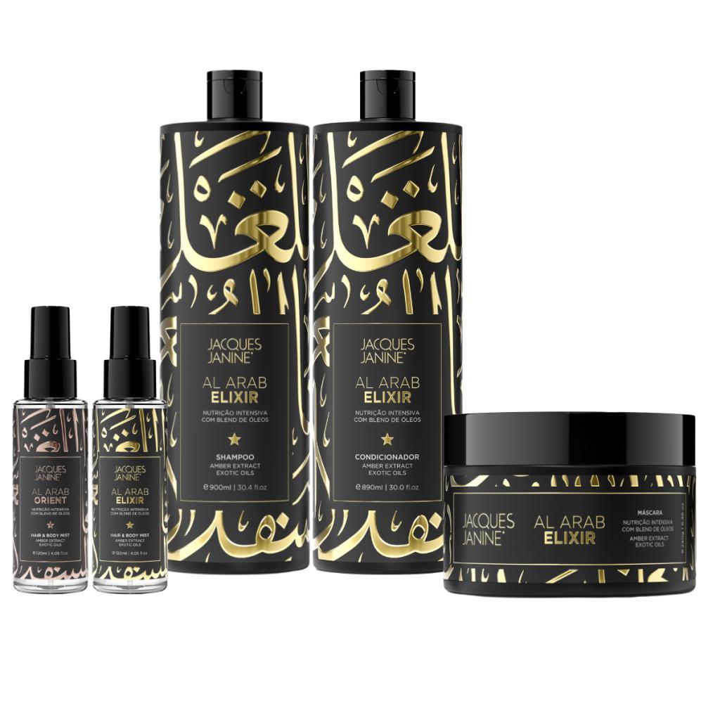 Kit Jacques Janine Al Arab Elixir Shampoo 900ml Condicionador 890ml Máscara 240g 2 Sprays Hair & Body 120ml