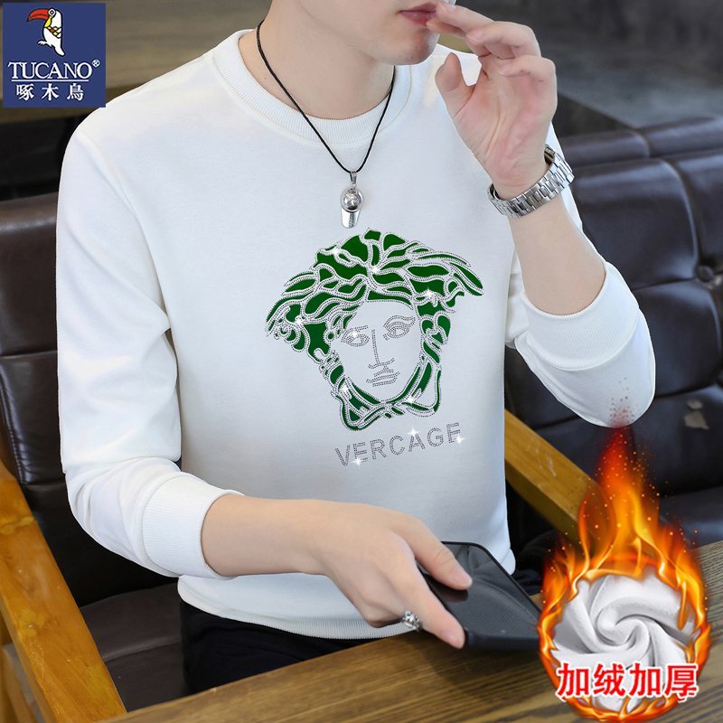 Woodpecker primavera outono quente strass camiseta masculina de manga comprida versão europeia magro-ajuste na moda boni
