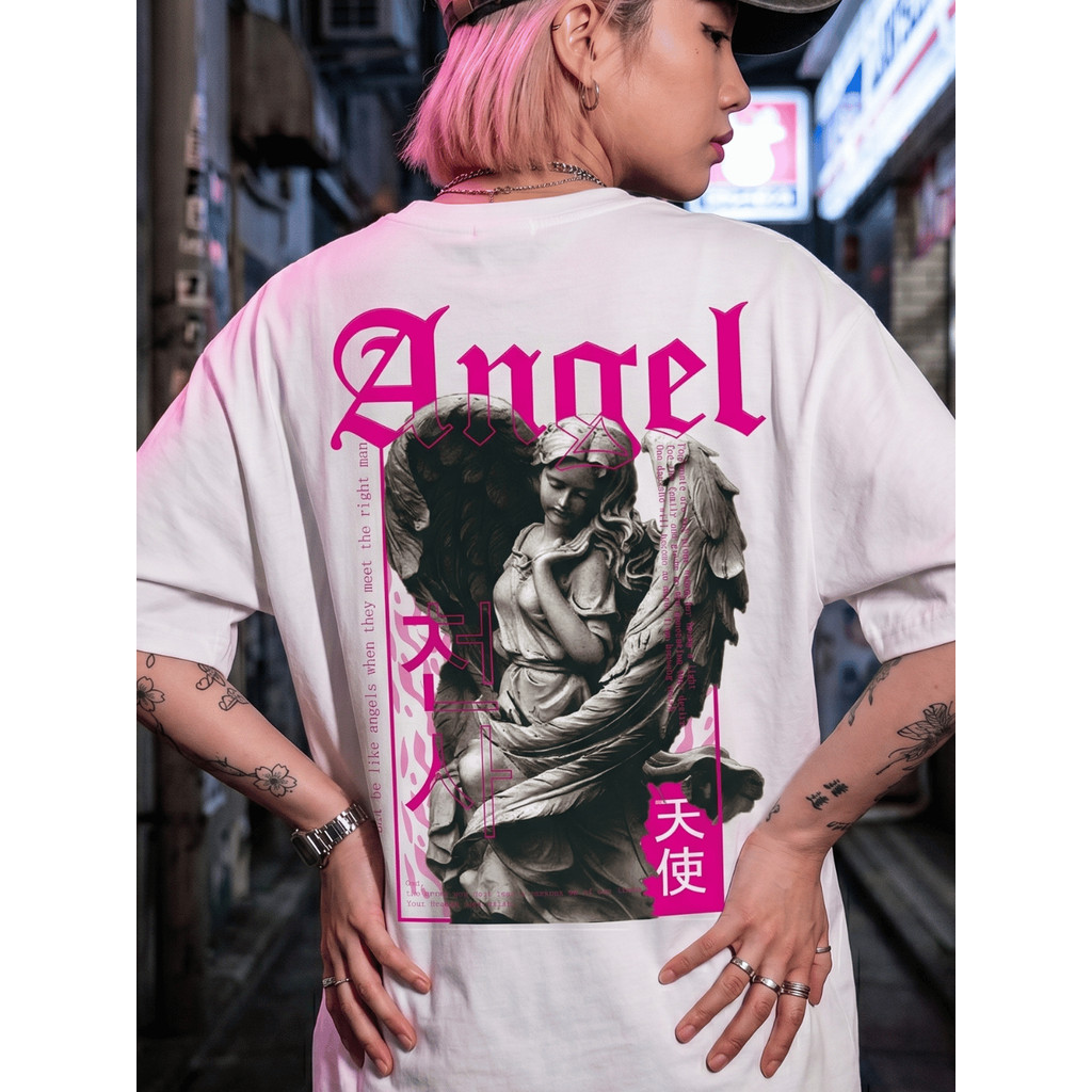 Camiseta Feminina Angel Street Oversized Fashion Algodão Streetwear Tendência Blusão Camisetão