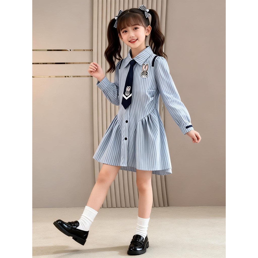 Meninas estilo Preppy listrado camisa vestido primavera outono novo estilo médio grande crianças dos desenhos animados c
