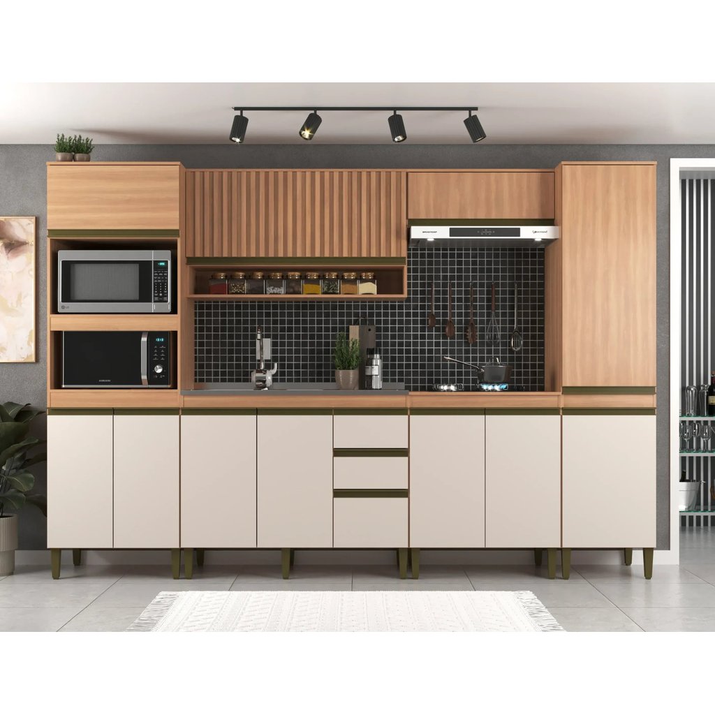 Cozinha Completa Modulada 6 Peças 11 Portas com Torre Quente Paneleiro e Aéreo Ripado Cecília Marrom/Freijó/Off