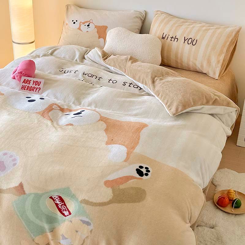 Grande conjunto de quatro peças de lã de leite dos desenhos animados inverno engrossado quente Coral flanela dormitório 