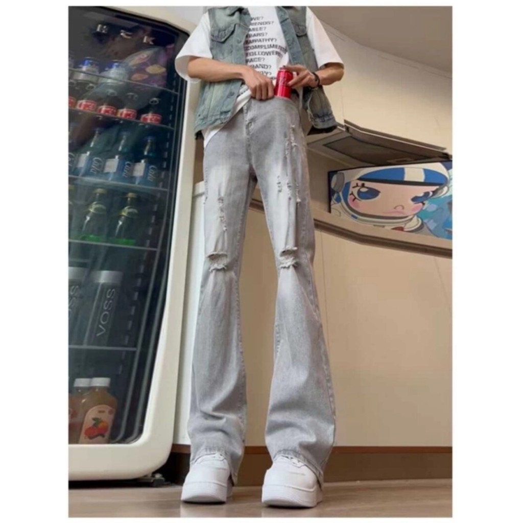 Calça Jeans rasgada cinza fumaça masculina verão fina americana High Street vibe calça cleanfit calça reta estreita
