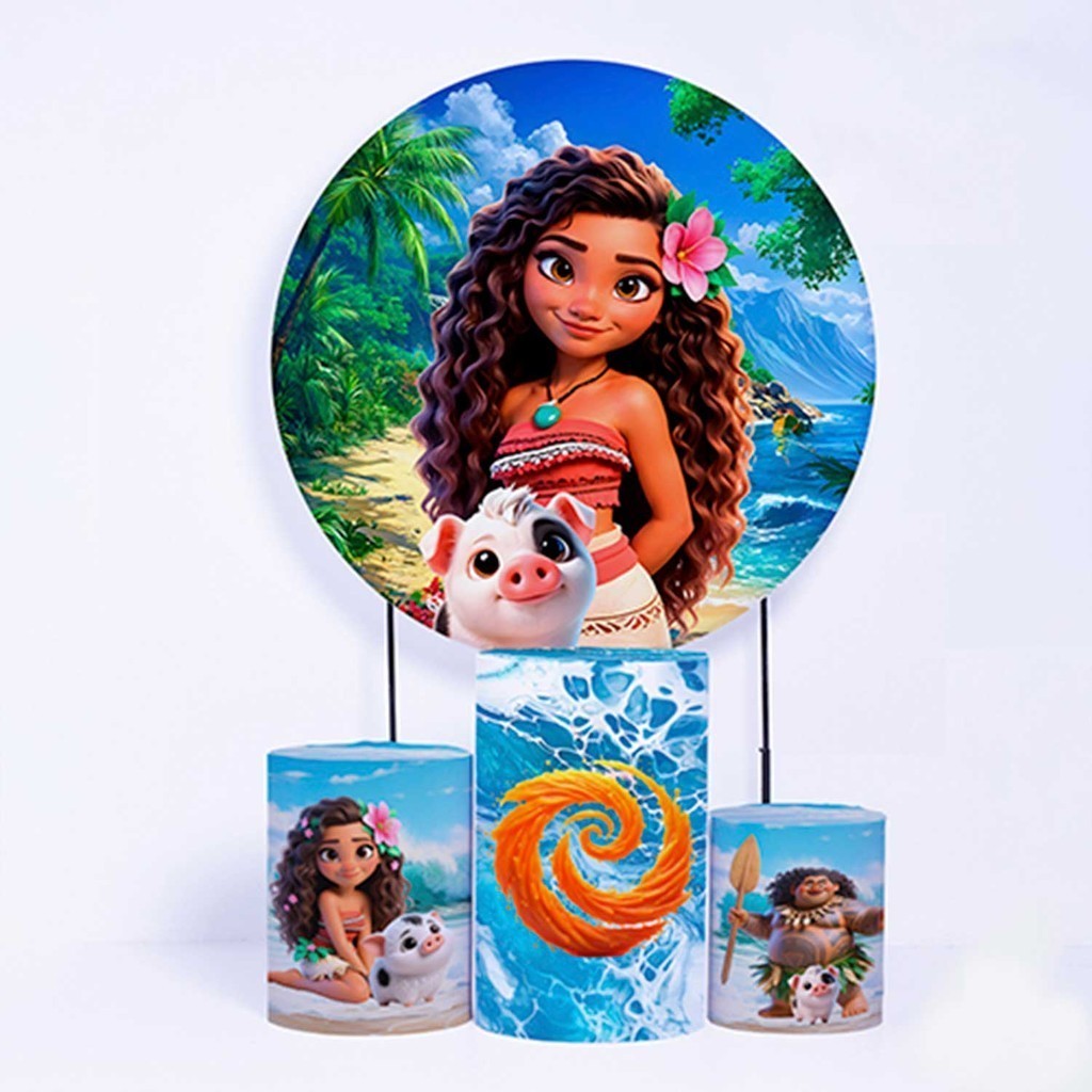 Kit Painel de Festa Redondo de 1,50m e Trio de Cilindros Moana WG