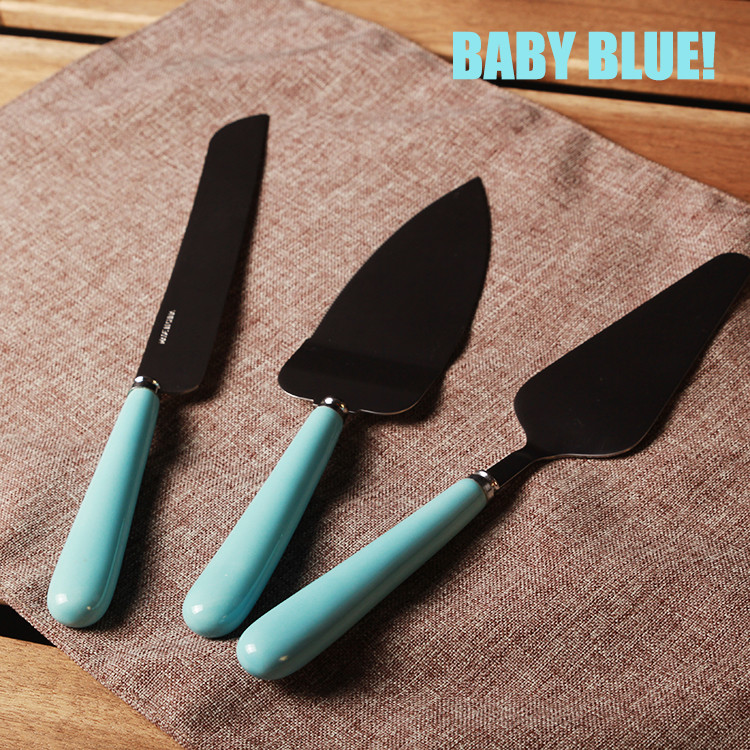 Azul claro!Menina comida ocidental cozimento pão cerâmica aço inoxidável bolo faca Pizza espátula conjunto de três peças
