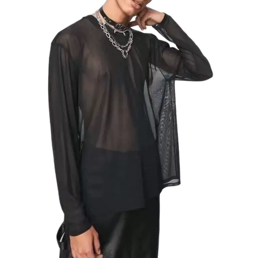 Europeu americano perspectiva Sexy blusa de seda preta masculina sedosa elástica manga comprida camiseta leve oco em tor