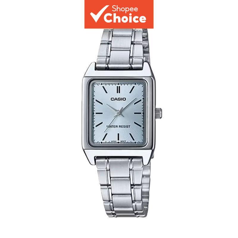 Relógio feminino Casio modelo LTP-V007D-2E, pulseira de aço, caixa pequena quadrada, design retrô, à prova d'água, com