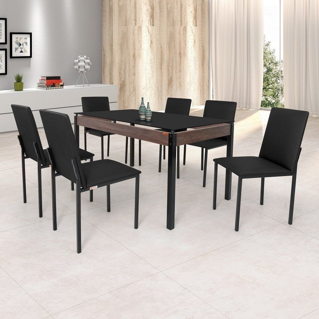 Conjunto Sala de Jantar Mesa Dubai 140x80cm Tampo Vidro com 6 Cadeiras Preto Preto