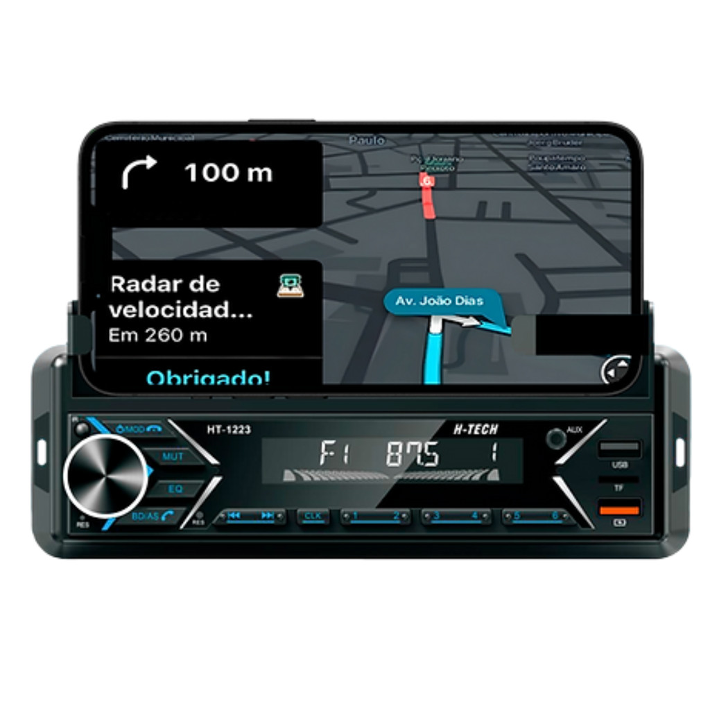 Som Automotivo Bluethooth H-Tech HT-1223 MP3 Player Rádio Fm Usb Controle Remoto SD Card Suporte Celular