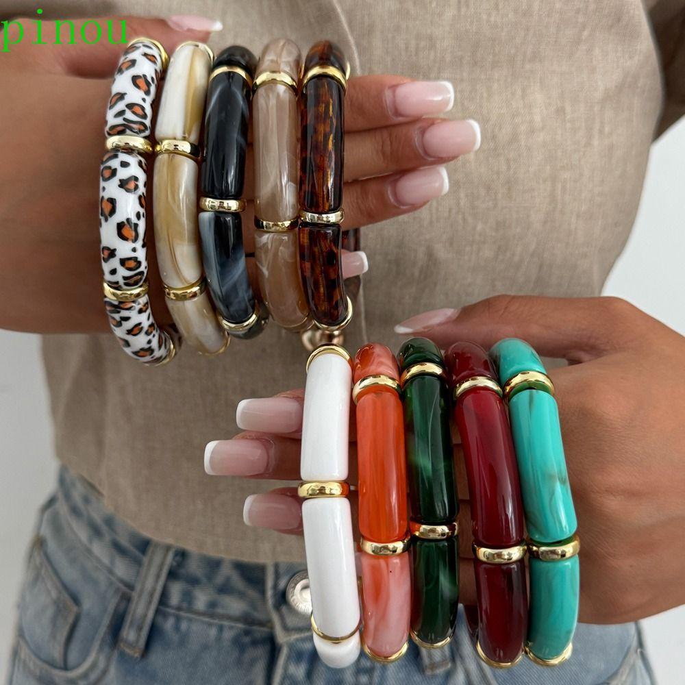 Pulseiras PINOU Boho , Acrílicas De Bambu Com Emenda , Anel De Mão Estampa De Leopardo , Pulseira De Tubo Curvo