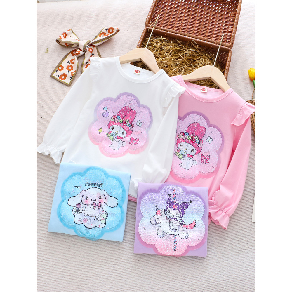 Roupas infantis Camisetas para meninas Lantejoulas de manga comprida que mudam de cor Primavera Outono Desenho animado A