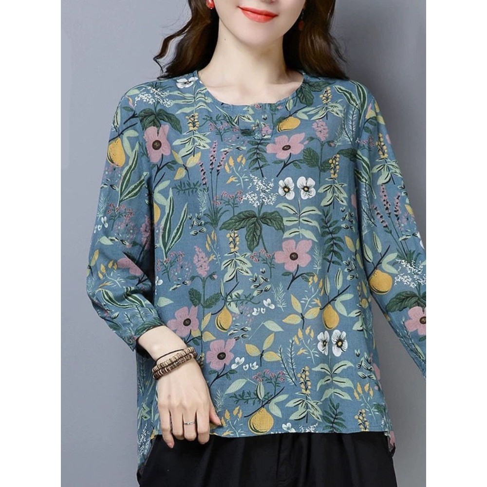 Camiseta Floral de manga comprida feminina primavera outono estilo tamanho grande mãe de meia-idade estilo ocidental cam