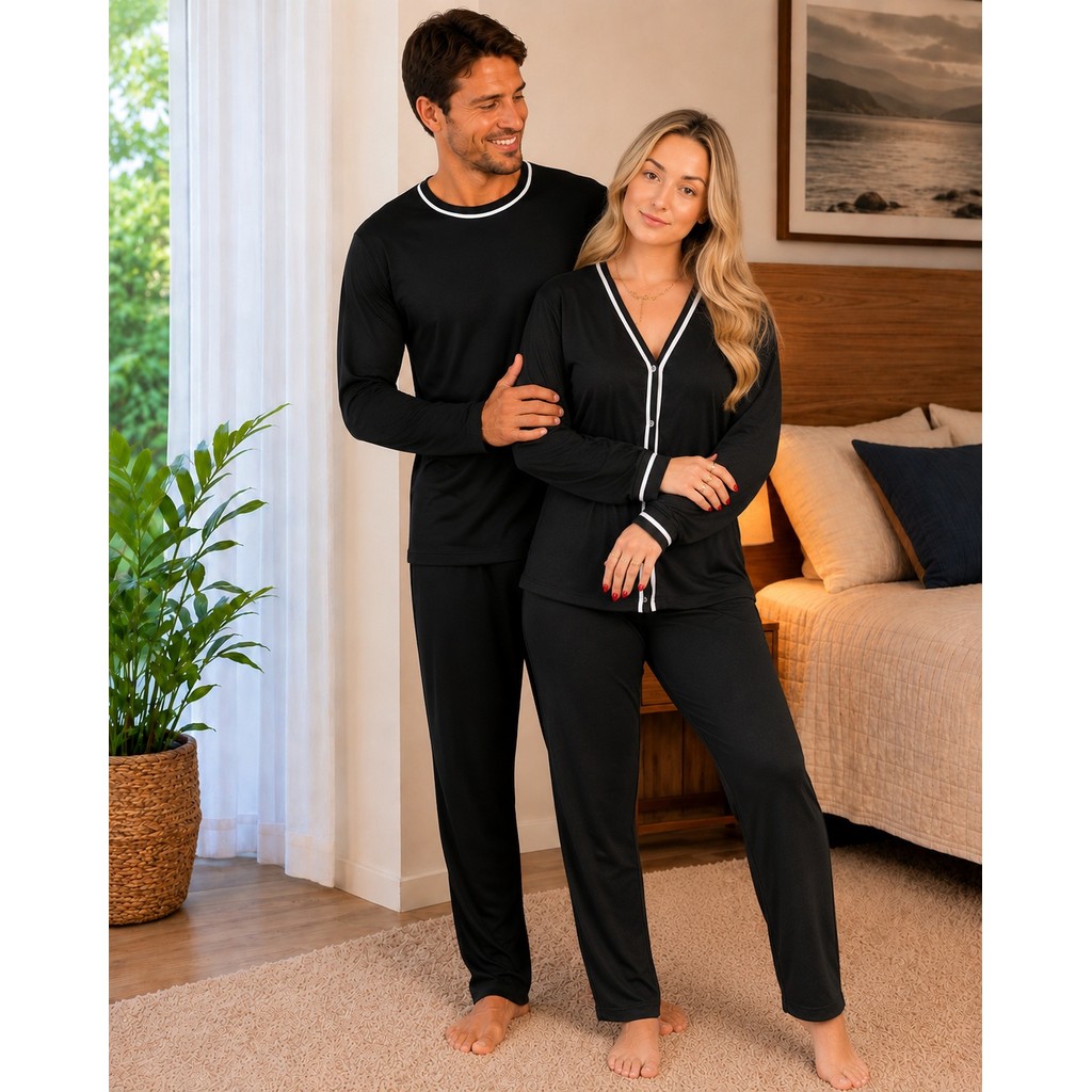 Pijama Casal Inverno Manga Longa Feminino e Masculino Conjunto de Frio