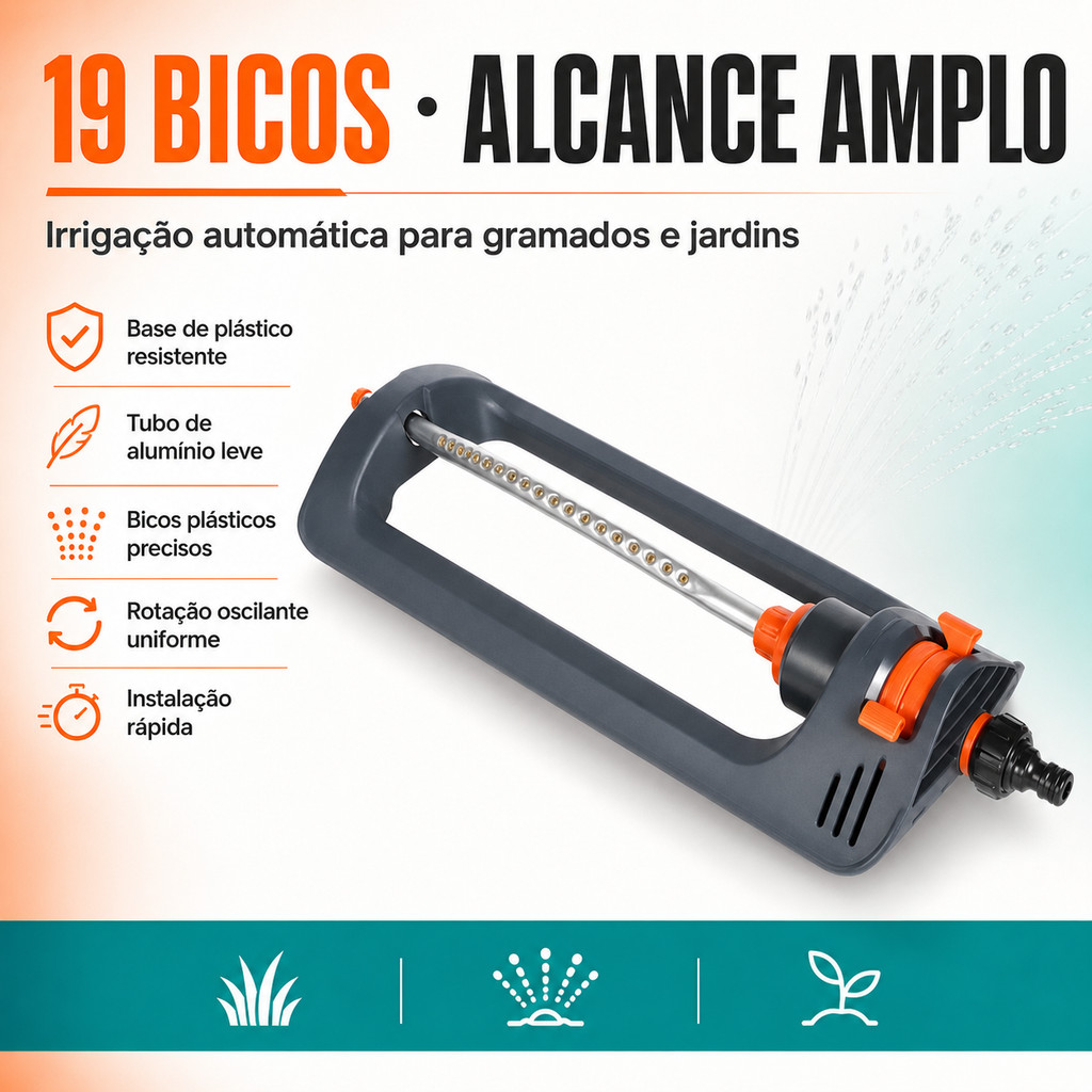 Aspersor Oscilante 19 Furos Para Jardim Gramado Horta Com Tubo de Alumínio e Base Plástica