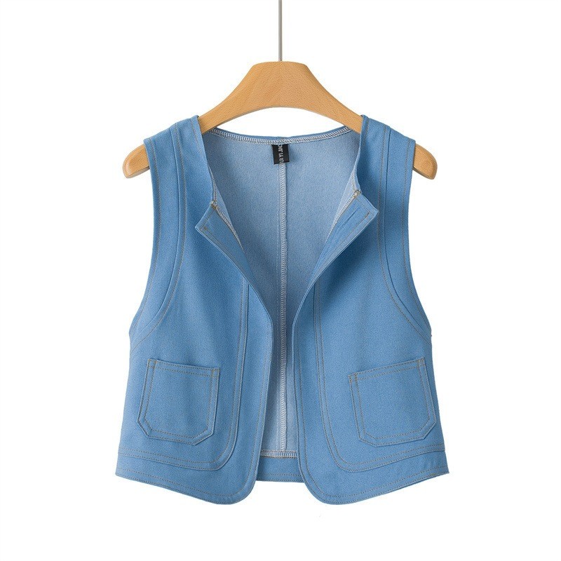 Mulheres Retro lapela Denim colete curto solto sem mangas colete mais magro olhar colete
