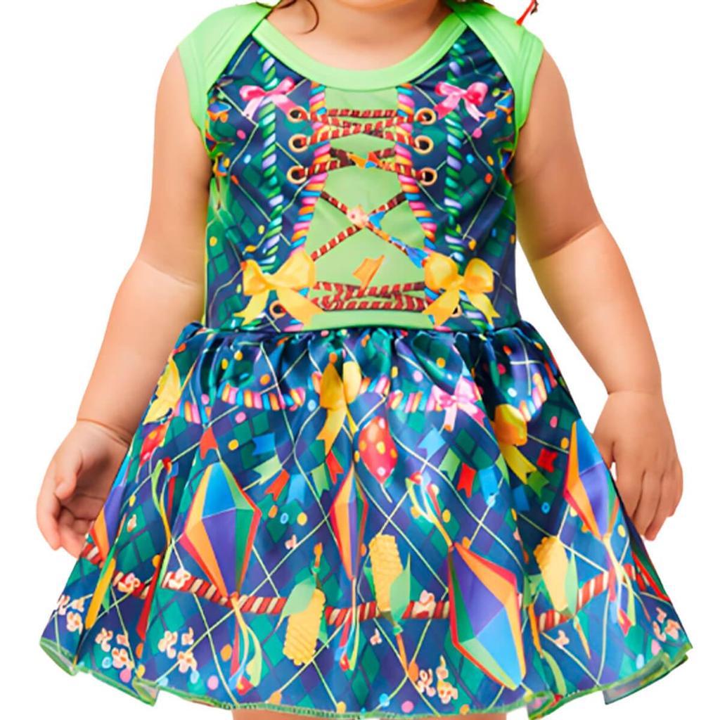 Vestido Bebe Festa Junina Menina Azul e Verde com Balões Roupa Caipira 3 a 18 meses
