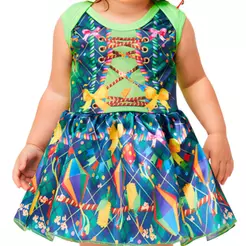 Vestido Bebe Festa Junina Menina Azul e Verde com Balões Roupa Caipira 3 a 18 meses