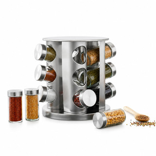 Porta Temperos Giratório 360° Inox 12 Potes de Vidro Premium