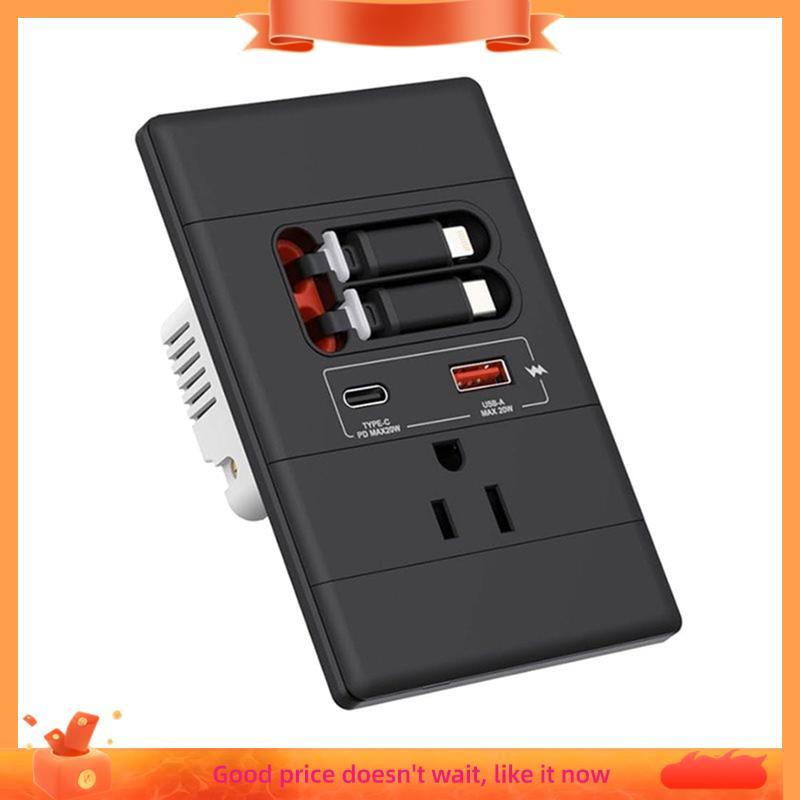 Adaptador De Cabo Retrátil USB-C E A Com Tomada De Parede , GaN PD20W , Resistente Violação , Preto 15A 125V