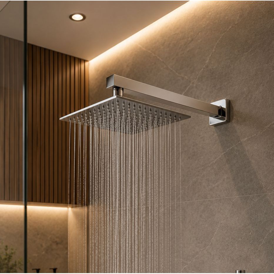 Ducha Quadrada Preta Em Inox 20x20 Braço 38 Cm Preto Parede