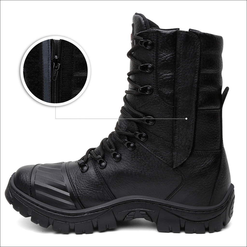 Bota Motociclista Coturno Militar Couro Legitimo Ziper Palmilha Gel Proteção no Bico