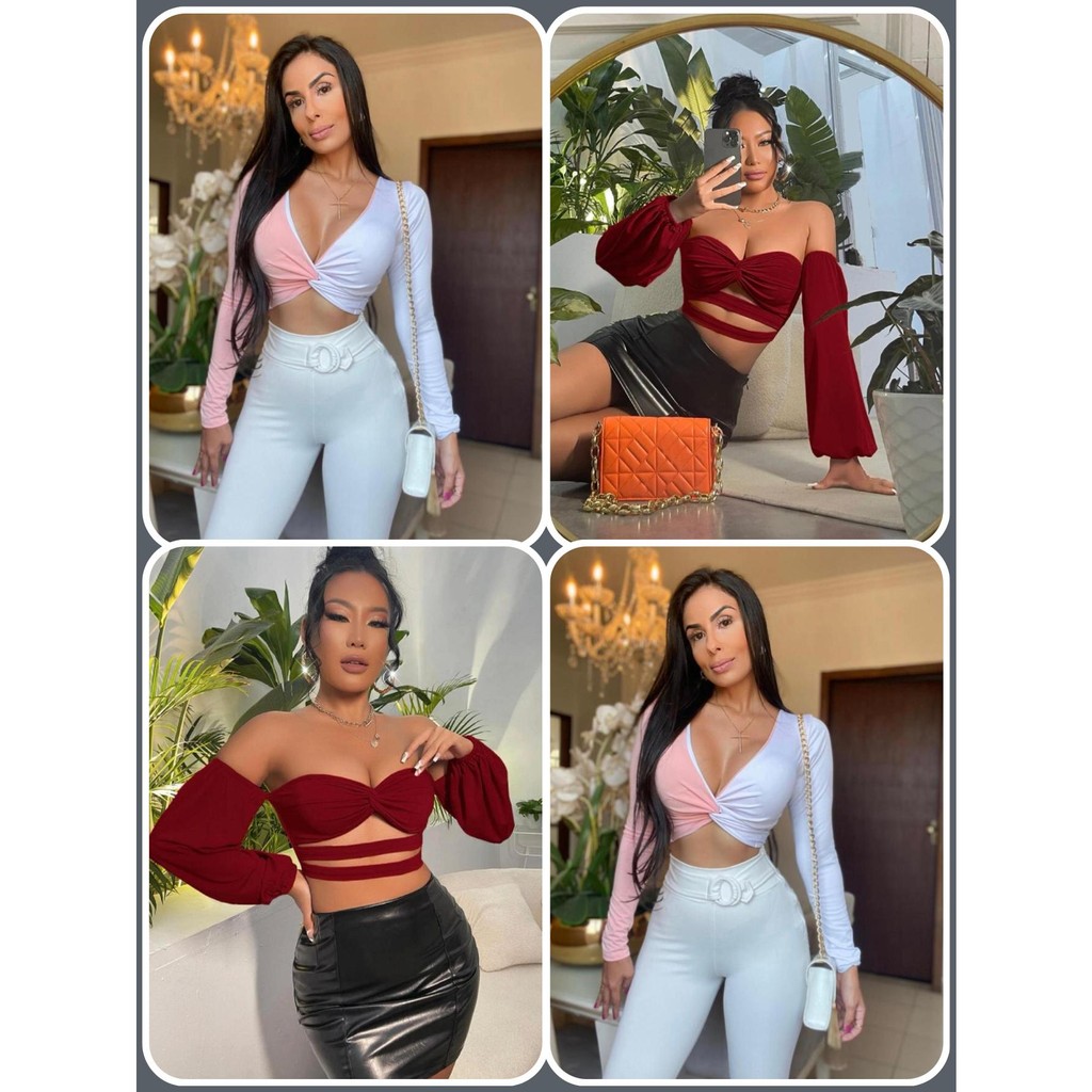 Kit Cropped manga longa decote frontaltecido suplex com Cropped manga longa bicolor duas cores Branco e Rosa basico