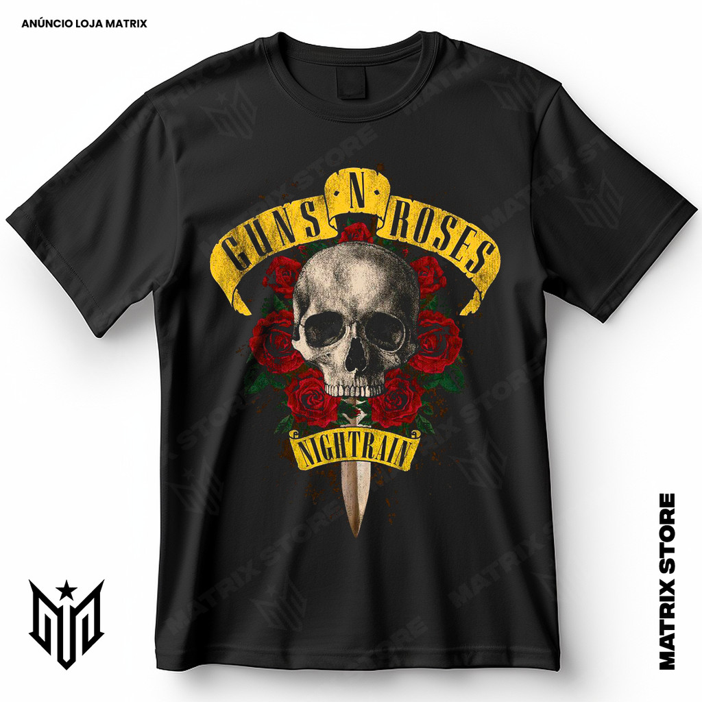 Camisa Guns N Roses Nightrain Rock & Roll Blusa Camiseta de Rock 100% Algodão em Oferta na Shopee