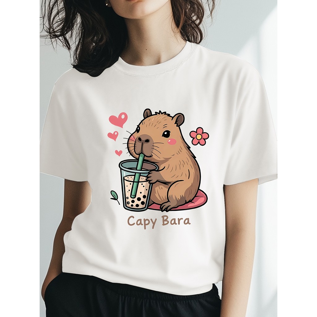 Camiseta Feminina de Algodão com Estampa Única de Capivara, Confortável e Estilosa.