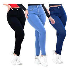 Kit 3 Calça Jeans Feminina Skinny Com Elastano Cintura Alta