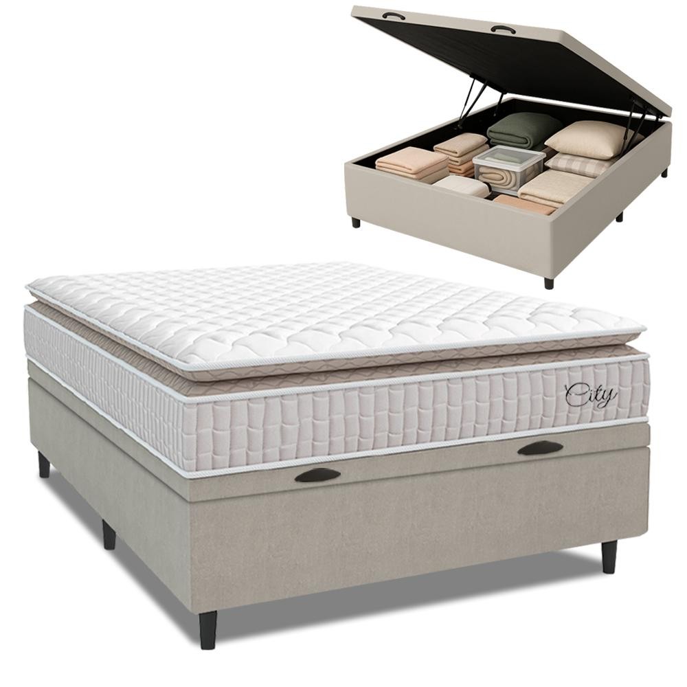 Imagem Cama Box Baú Colchão Casal Molas Ensacadas City Pillow Top 138x188x64cm Branco / Bege Hellen