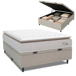 Cama Box Baú Colchão Casal Molas Ensacadas City Pillow Top 138x188x64cm Branco / Bege Hellen