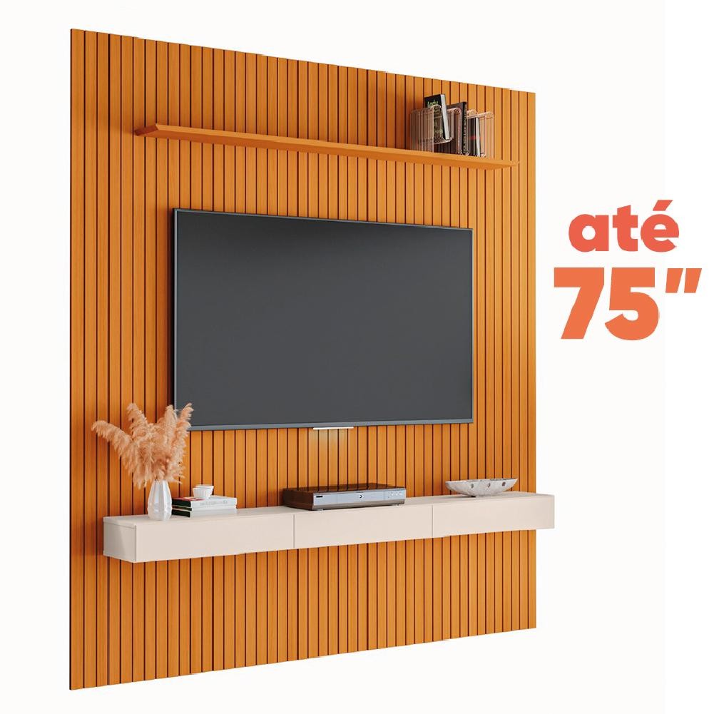 Painel para TV até 75 Polegadas 2,25x2,40m Ripado com Nicho Arbo Cedro/Off White EDN em Oferta na Shopee