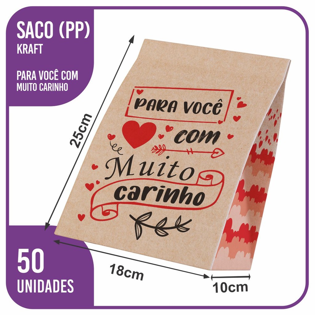 Saco Kraft PP 18x10x25 Com Muito Carinho (MC) - 50 Unidades em Oferta na Shopee