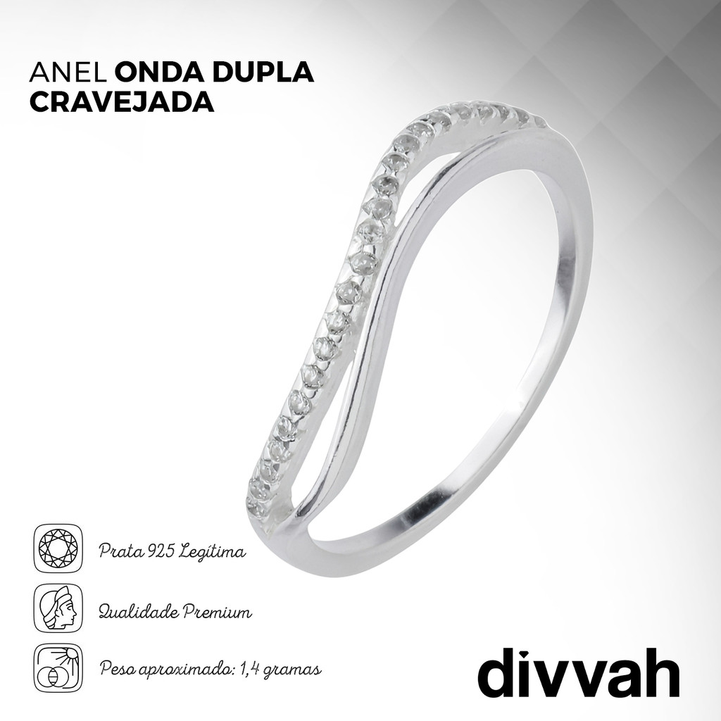 Anel Prata 925 Legítima Onda Dupla Cravejada Caixinha de Veludo — imagem 2 de 2