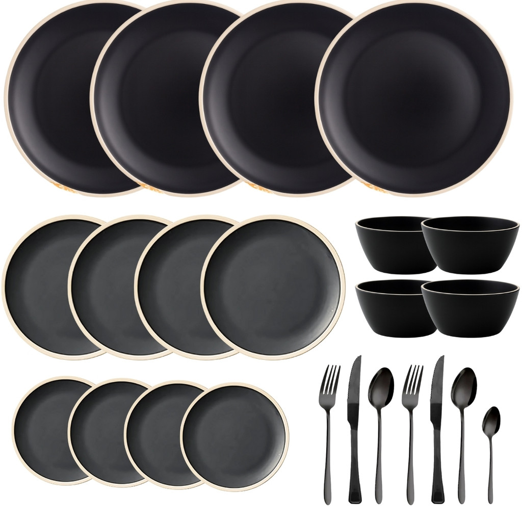 Aparelho de Jantar Melamina Preto Jogo Grande 40 Pçs