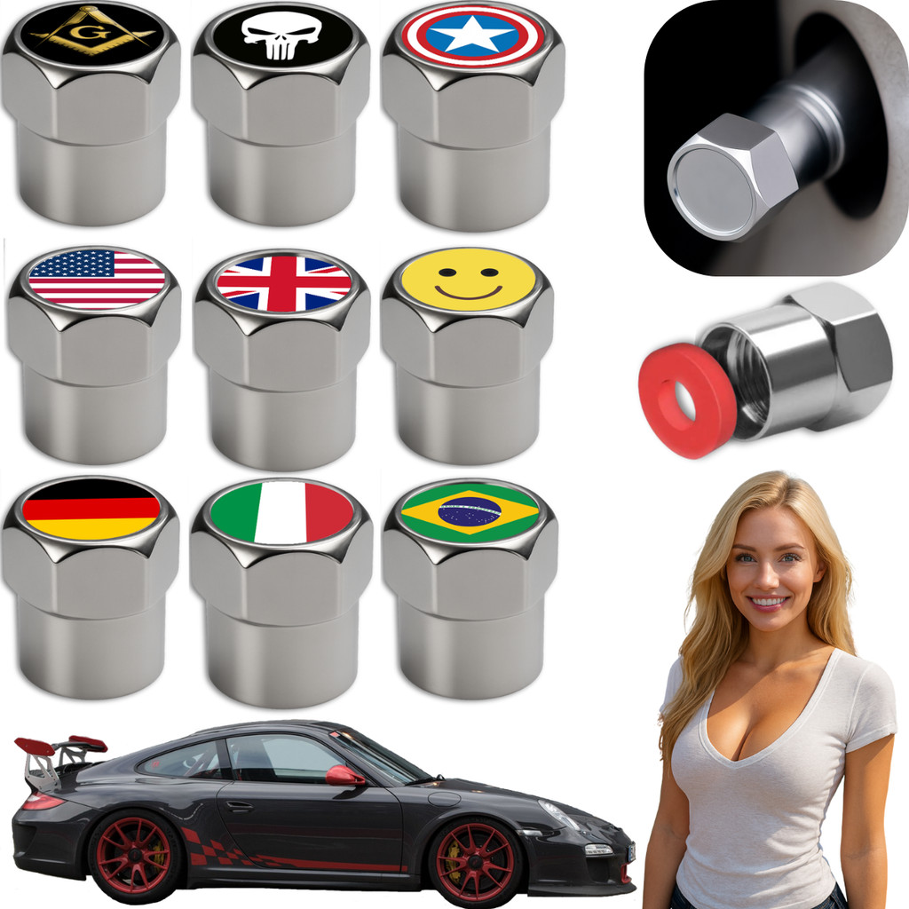 4 Tampas Válvula Bico Pneu Metal Acessórios Automotivo Temas