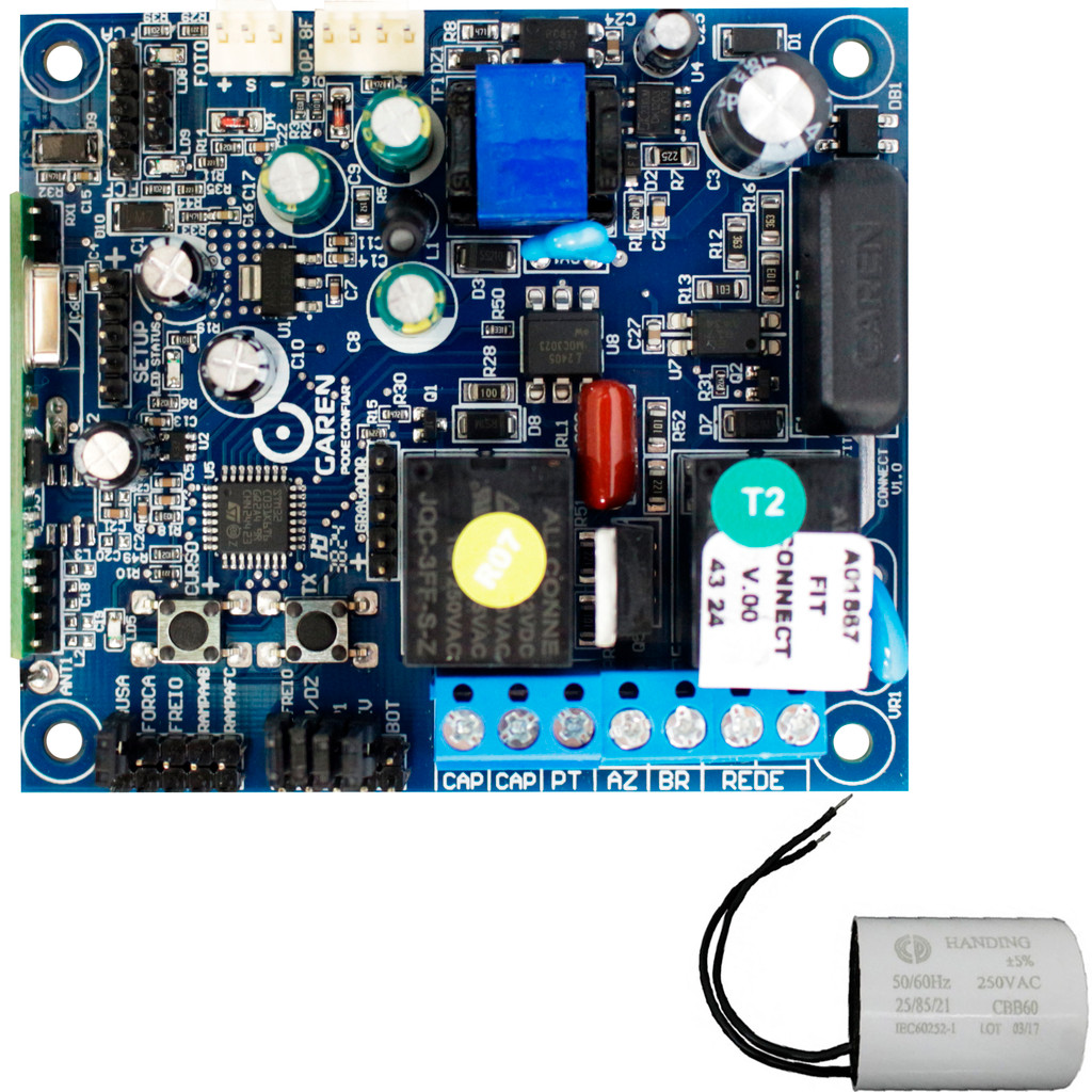 Placa Central Fit Connect Motor Portão Eletrônico + Capacitor de Partida Garen